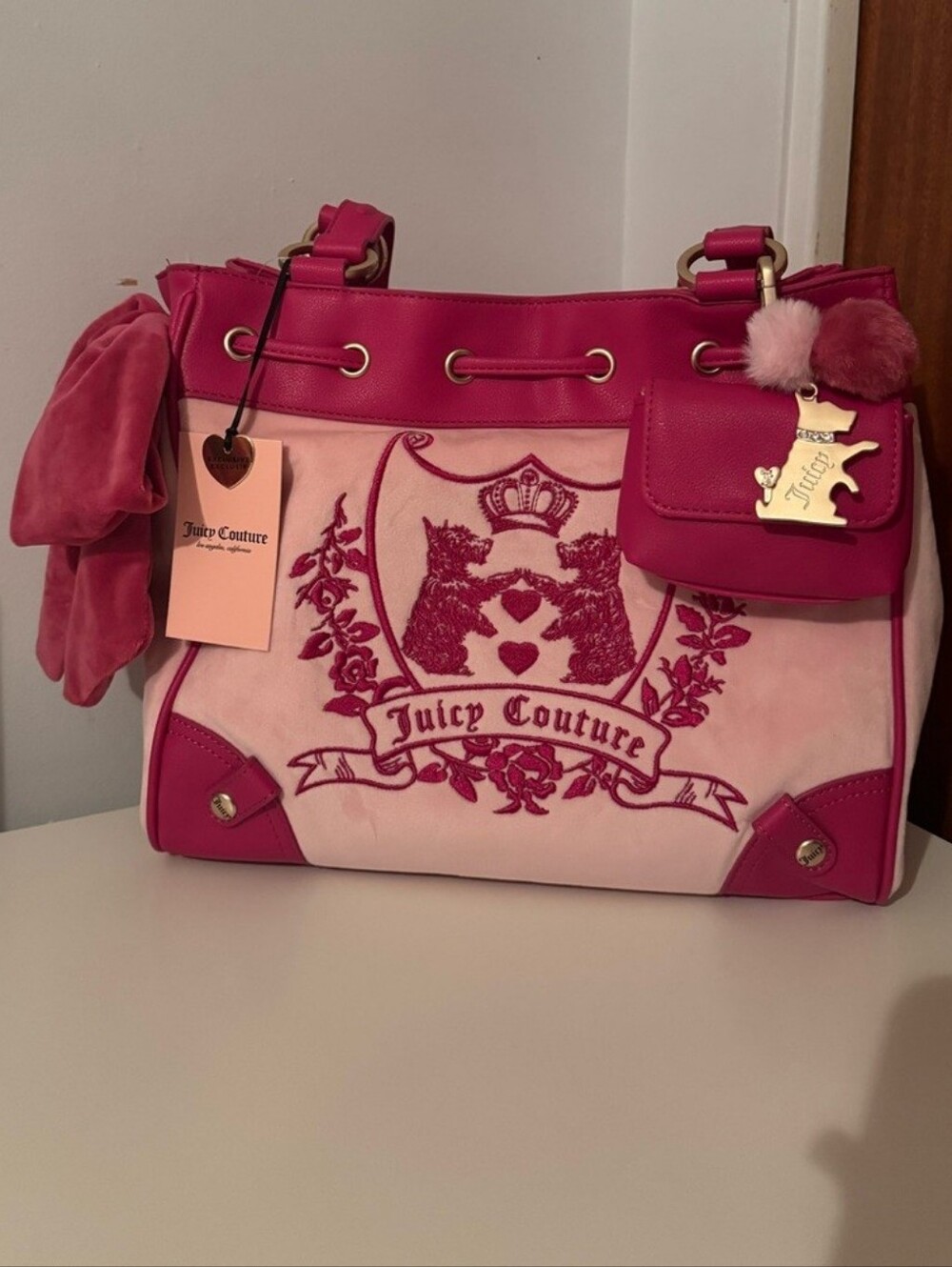 Juicy Couture Two-Tone Pink Embroidered Tote with Pom Charm